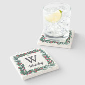 Mooie vierkante kerstkrans monogram stenen onderzetter (Zijkant)