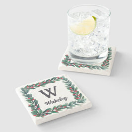 Mooie vierkante kerstkrans monogram stenen onderzetter