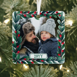 Mooie vierkante kerstkrans Voeg foto & jaar toe Metalen Ornament