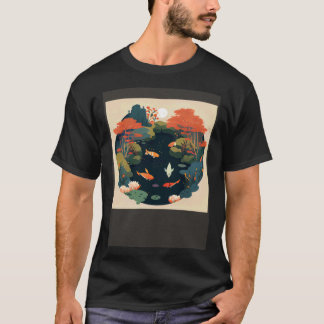 Mooie vijver in herfstzon over bos met Koi T-shirt