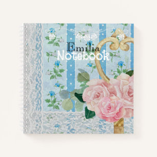 Mooie vintage bloemen achtergrond Blauw met monogr Notitieboek