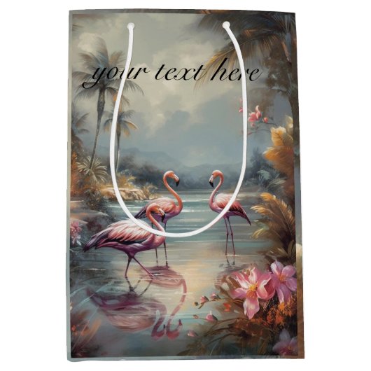 mooie vintage botanische schildering flamingo's medium cadeauzakje (Voorkant)