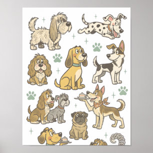 Mooie Vintage Cartoonhonden Clipart Collectie Poster