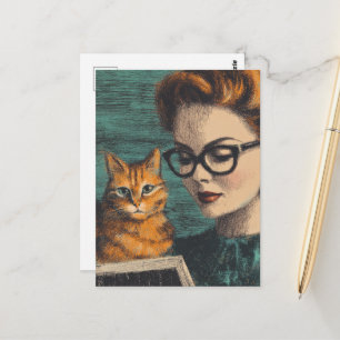 Mooie Vintage Dame en Haar Kat Lezend Briefkaart