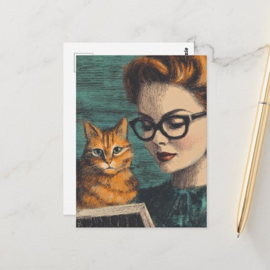 Mooie Vintage Dame en Haar Kat Lezend Briefkaart (Voorkant / Achterkant in situ)