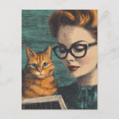 Mooie Vintage Dame en Haar Kat Lezend Briefkaart (Voorkant)