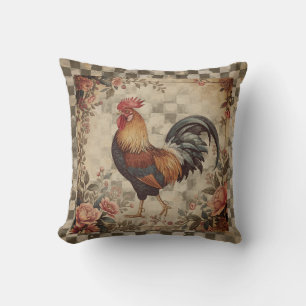 Mooie Vintage Haan ,Bloemen Patroon, Geruit Kussen