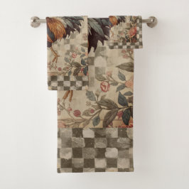 Mooie Vintage Haan en Bloemen Patroon Bad Handdoek