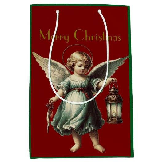Mooie vintage kerst engel en lantaarn medium cadeauzakje (Voorkant)