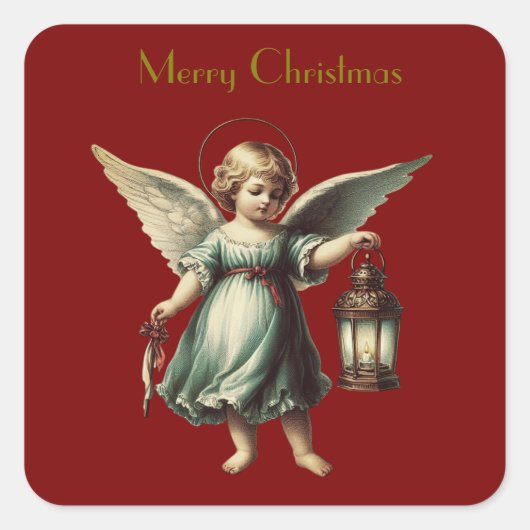 Mooie vintage kerst engel en lantaarn vierkante sticker (Voorkant)