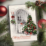 Mooie vintage kerstboom en raam op maat feestdagenkaart<br><div class="desc">Deze prachtige kerstkaart is voorzien van een prachtige kerstboom, met rode en witte versieringen en cadeaus, statig zittend voor een afbeeldingen raam dat buiten een winterwonderland laat zien. Personaliseer door het bericht aan de voor- en achterkant aan te passen en/of uw namen toe te voegen. U kunt de velden leeg...</div>