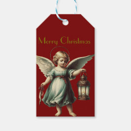 Mooie Vintage Kerstengel en Lantaarn Cadeaulabel