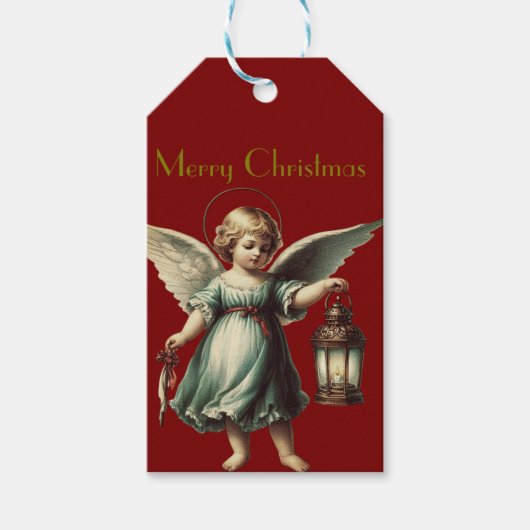 Mooie Vintage Kerstengel en Lantaarn Cadeaulabel (Voorkant)