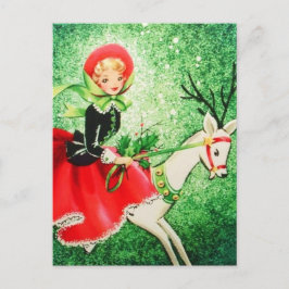 Mooie Vintage Kerstmis Rendier & Meisje Feestdagenkaart