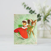 Mooie Vintage Kerstmis Rendier & Meisje Feestdagenkaart (Staand voorkant)