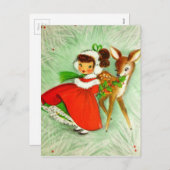 Mooie Vintage Kerstmis Rendier & Meisje Feestdagenkaart (Voorkant / Achterkant)