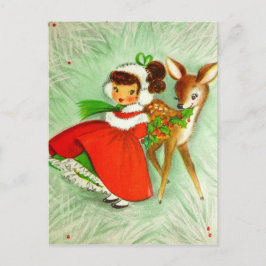 Mooie Vintage Kerstmis Rendier & Meisje Feestdagenkaart