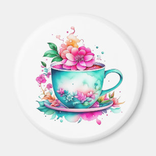 Mooie vintage koffiekop met roze bloemen magneet