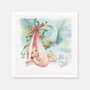 Mooie Vintage Ooievaar Baby Meisje Shower Servetten