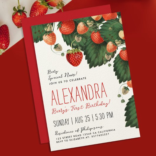 Mooie vintage rode aardbei vruchten eerste botanis kaart