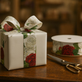 Mooie Vintage Rode & Witte Roos  Grosgrain Lint
