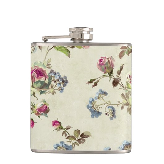 Mooie vintage roos bloemmotief shabbychic heupfles (Voorkant)