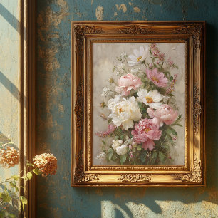 Mooie vintage roze en witte pioenboeket kunst poster