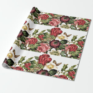 Mooie Vintage Rozen / Donkerrood en Ivoor Cadeaupapier