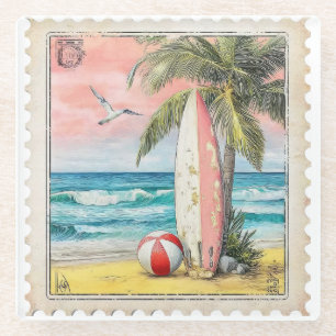 MOOIE VINTAGE VERWEERDE ZOMER SURFPLANK GLAZEN ONDERZETTER