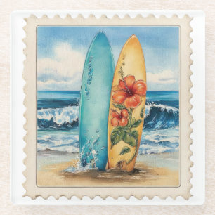 MOOIE VINTAGE VERWEERDE ZOMER SURFPLANKEN GLAZEN ONDERZETTER