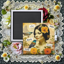 Mooie Vintage Vrouw met Vogels en Bloemen
