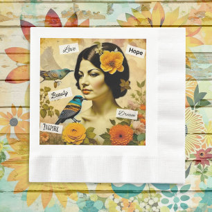 Mooie Vintage Vrouw met Vogels en Bloemen Servet