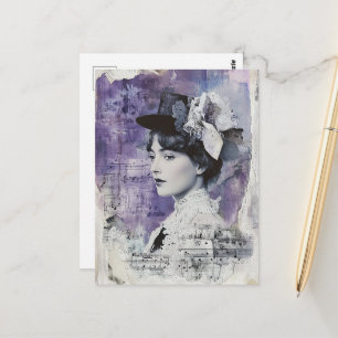Mooie Vintage Vrouw Paarse Collage Bladmuziek Briefkaart