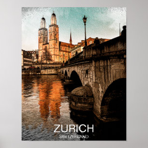 Mooie vintage Zürich Zwitserland stadsgezicht Poster