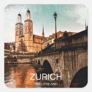 Mooie vintage Zürich Zwitserland stadsgezicht Vierkante Sticker