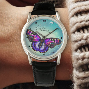 Mooie vlinder blauwe hemel sterren aangepaste naam horloge