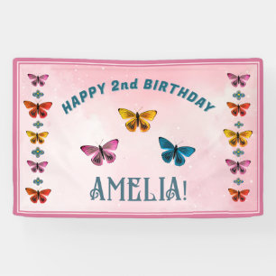 Mooie Vlinder Bloemen Meisje Verjaardagsfeestje Spandoek