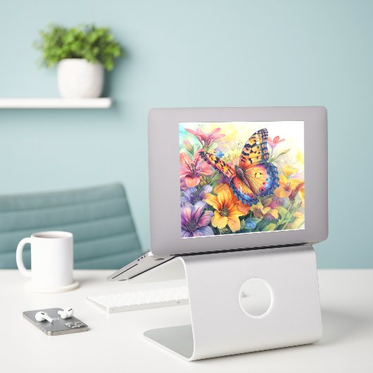 Mooie vlinder en bloemen sticker (Laptop op bureau)