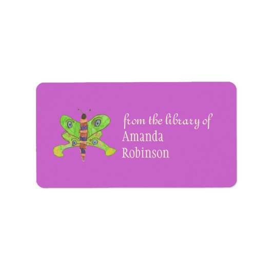 Mooie vlinder gepersonaliseerde boekenplaat, paars etiket (Voorkant)