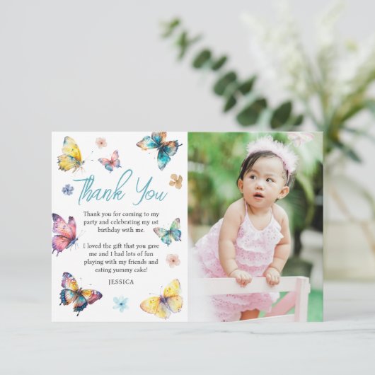 Mooie Vlinder Meisje Verjaardagsfoto Bedankkaart (Staand voorkant)