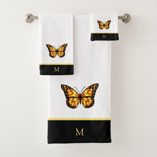 Mooie vlinder op zwart & wit monogram bad handdoek (Insitu)