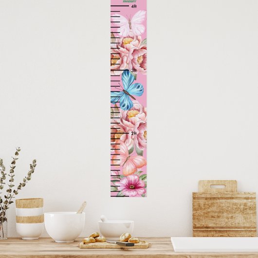 Mooie Vlinder Roze Bloem Meisjes Groeimeter Poster (Keuken)
