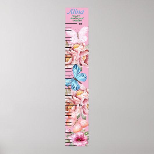 Mooie Vlinder Roze Bloem Meisjes Groeimeter Poster (Voorkant)