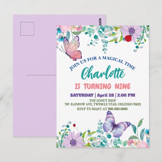 Mooie vlinder Stippen bloemen Bloem Verjaardag  Briefkaart (Voorkant / Achterkant)