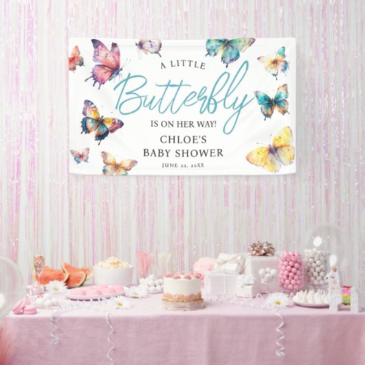 Mooie Vlinder Waterverf Meisje Baby shower Spandoek (Feest)