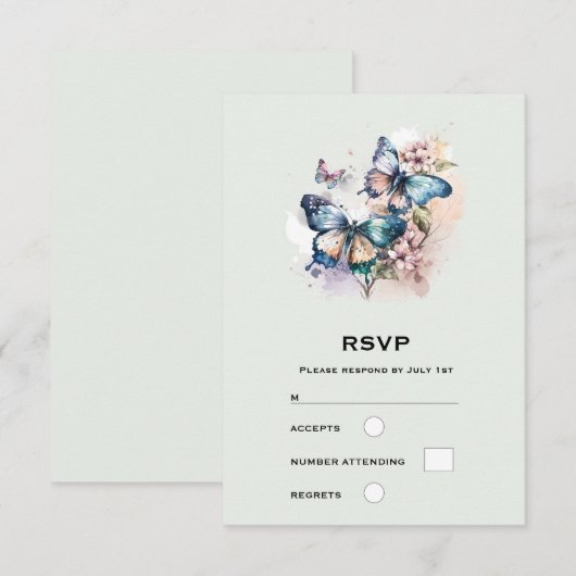 Mooie Vlinders en Bloemen Bruiloft RSVP Kaartje (Voorkant / Achterkant)