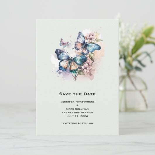 Mooie Vlinders en Bloemen Bruiloft Save The Date (Staand voorkant)