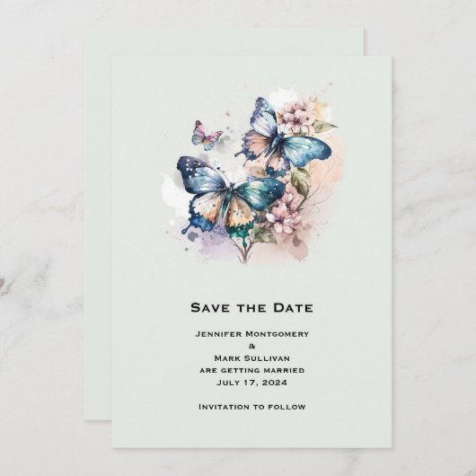 Mooie Vlinders en Bloemen Bruiloft Save The Date (Voorkant / Achterkant)