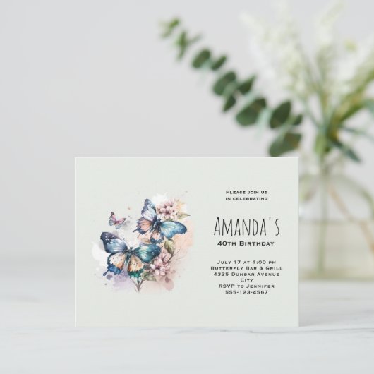 Mooie vlinders en bloemen verjaardag uitnodiging briefkaart (Staand voorkant)