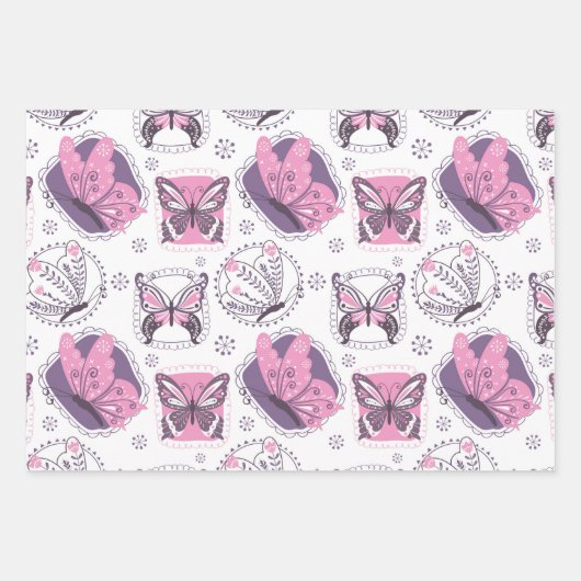 Mooie Vlinders in Roze en Paarse Inpakpapier Vel (Voorkant)